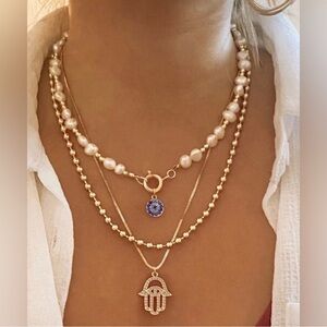 Gold Evil Eye Hamsa Hand Layered Pendant Necklace | Protective Charm Jewelry